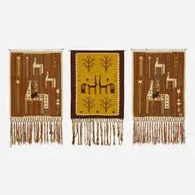 Wall hangings, set of three by Éva Németh, c. 1965, wool, steel, brass-plated steel, sold Aug 2021