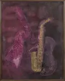 SANS TITRE by Arman, 2003, Encre et acrylique sur gaufrage de guitare et saxophone, sold Oct 2018