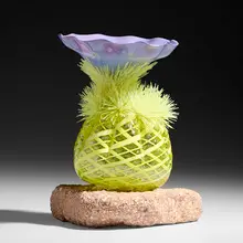 Reticello Cactus by Flo Perkins, hand-blown glass, glass threads, rock base, sold Sep 2026