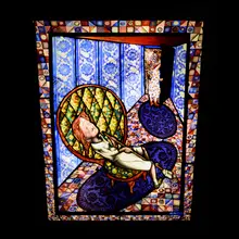 Sitting, Not Working by Judith Schaechter, 1999, sandblasted, engraved and enameled stained glass, copper foil, veneered wood light box, sold Sep 2026