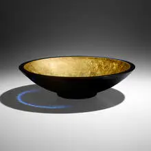 Yellow & Gold Vessel by John Lewis, 2006, cast glass, gold leaf, sold Sep 2026