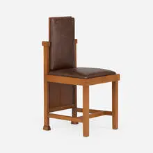 Chair from the Avery Coonley Playhouse, Riverside, Illinois by Frank Lloyd Wright, c. 1912, walnut, leather, sold Sep 2026