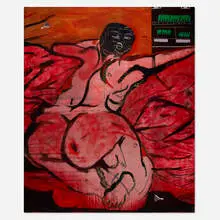 Turn the beats up good by Jonathan Lyndon Chase, 2020, acrylic, spray paint, marker, collage and glitter on bed sheet, offered Jan 2025
