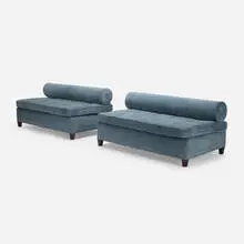 Bolster back sofas, pair by William Bliss Baker, 1958, upholstery, walnut, sold Aug 2021