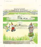 Laurent de BRUNHOFF by Laurent de Brunhoff, Encre de Chine et aquarelle sur papier pour une illustration représentant Babar en costume de fête dans les jardins du c, sold May 2018