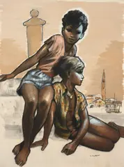 Pierre JOUBERT by Pierre Joubert, Aquarelle, crayon et gouache sur papier pour une grande illustration représentant 2 enfants. Signé et encadré., sold May 2018