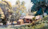 Feeding the chickens, a lady before a barn in woodland by Willie Stephenson, sold Jul 2011