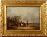 Figures on a beach before a cliff top castle by Augustus Wall Callcott, oil on canvas, sold May 2011