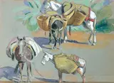 Quatre mulets by Édouard Doigneau, Crayon, gouache et aquarelle, sold Jun 2005