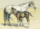 Jument et son poulain by Édouard Doigneau, Crayon, gouache et aquarelle, sold Apr 2005