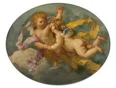 Deux putti volant by Jean Jouvenet, Toile ovale dans un cadre en bois doré du XVIIIe siècle Hauteur :, sold Oct 2021