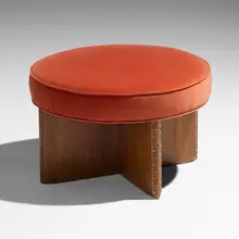 Stool by Frank Lloyd Wright, c. 1955, upholstery, mahogany, steel, sold Sep 2026