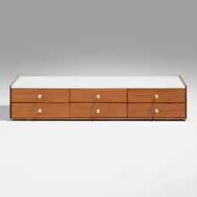 Miniature chest, model 5215 by George Nelson & Associates, 1952, teak veneer, laminate, enameled aluminum, felt, lacquered wood, sold Sep 2026