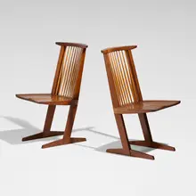Conoid chairs, pair by George Nakashima, 1989, American black walnut, hickory, sold Sep 2026