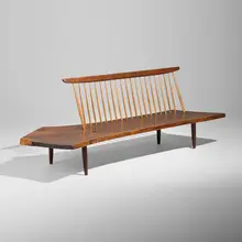 Exceptional Conoid bench by George Nakashima, 1962, American black walnut, hickory, rosewood, sold Sep 2026