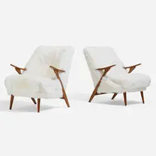 Lounge chairs, pair by Svante Skogh, c. 1955, sheepskin, beech, sold Jun 2021