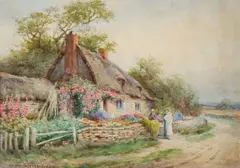 Figures outside a cottage by Henry, offered Mar 2011