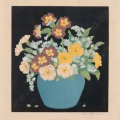 Vase of Pansies - Coloured Woodblock by Hall Thorpe, sold Oct 2026