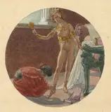 Chrysis à sa toilette, tenant un miroir en bronze poli by Carlos Schwabe, Aquarelle sur trait de crayon, sold Sep 2018
