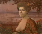 Portrait de femme aux seins dénudés devant un paysage de mer au couchant by Victor Brugairolles, Huile sur toile (Toile d'origine), sold Sep 2018