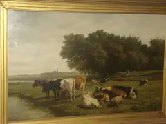 Cattle and sheep by a riverbank by Hendrik Savrij, sold Nov 2010