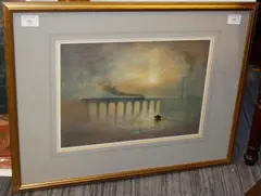 Viaduct with train crossing an estuary by Charles Longbotham, watercolour, offered Oct 2010