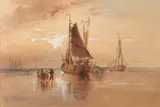 Beach scene with French fishing vessels by Robert Taylor Pritchett, pencil, watercolour and white, sold Oct 2010