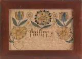 On laid paper fraktur birth certificate for Philipp Eberth by Daniel Schumacher, 1765, watercolor and ink, sold Nov 2011