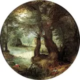 Pêcheur au bord d'une rivière dans un sous bois by Brueghel de Velours, Panneau de chêne, une planche,non parqueté, de forme ronde, sold Dec 2004