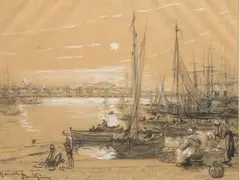 A quai, Marseille by David-Eugène Girin, Crayon et rehauts de craie blanche sur papier bistre, sold Apr 2015