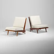 Cushion chairs, pair by George Nakashima, 1963, American black walnut, upholstered cushions, sold Sep 2026