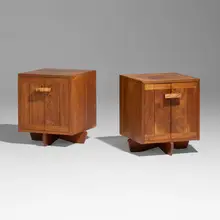 Kornblut cabinets, pair by George Nakashima, 1972, American black walnut, maple burl, sold Sep 2026