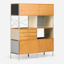 ESU 420-N by Charles and Ray Eames, 1950, birch plywood, lacquered Masonite, zinc-plated steel, lacquered plywood, perforated steel, sold Sep 2026