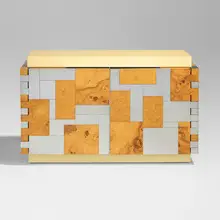 Cityscape cabinet from the PE-400 series by Paul Evans, c. 1975, lacquered wood, olive ash burl veneer, chrome-plated steel, laminate, sold Sep 2026