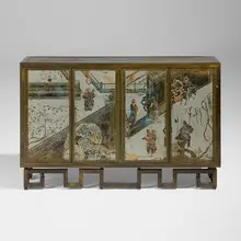 Rare Chan Li cabinet by Philip and Kelvin Laverne, c. 1965, acid-etched, patinated, and enameled brass over pewter and wood, lacquered wood, sold Sep 2026