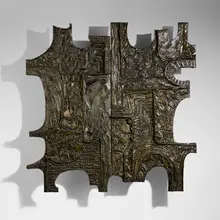 Rare Sculpted Bronze wall-hanging cabinet by Paul Evans, 1970, bronze resin over wood, mirrored glass, glass, sold Sep 2026