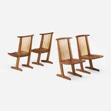 Conoid Host chairs, set of four by Mira Nakashima, 2008 / 2010, American black walnut, hickory, sold Sep 2026