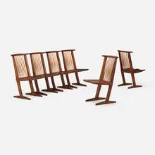 Conoid chairs, set of six by George Nakashima, 1974, American black walnut, hickory, sold Sep 2026