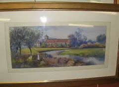 Girl on the riverbank, with distant church by Claude Hamilton Rowbotham, sold Feb 2010