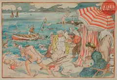 LA PLAGE by Abel Faivre, 1901, Aquarelle, sold Sep 2018