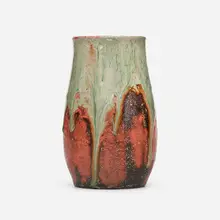 Experimental vase by Hugh C. Robertson, 1885-89, Ruby Pigeon Feather-glazed stoneware, sold Feb 2023