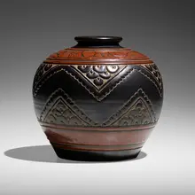 Vase by Emile Lenoble, c. 1925, glazed stoneware with wax-resist decoration, sold Feb 2023