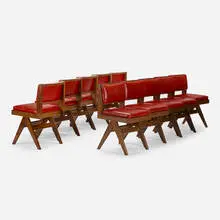 Upholstered dining chairs from Punjab University, Chandigarh, set of ten by Pierre Jeanneret, c. 1958-59, teak, leather, sold Jun 2021