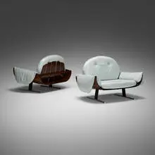 Presidencial chairs, pair by Jorge Zalszupin, 1959-1965, rosewood plywood, enameled steel, chrome-plated steel, leather, sold Jun 2021