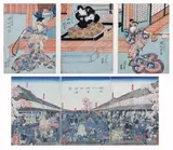Two actors in the role of Samurai by Toyohara Kunichika, and two other colour woodblock prints of a street scene and an interior view, after Hiroshige, and another hand. (3), offered May 2009