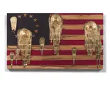 Bombed Flag (Exposed) by Andrew Schoultz, 2012, Acrylique, plâtre et feuilles d'or sur drapeau américain, sold Oct 2018