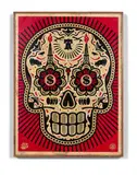 Power & Glory Day of the Dead Skull (Red)- 2014 by Shepard Fairey, Sérigraphie, technique mixte et collage sur papier (HPM) contrecollé sur bois, sold Oct 2018