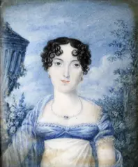 A portrait miniature of a young lady before a garden, by James Warren Childe, on ivory, sold Jul 2009
