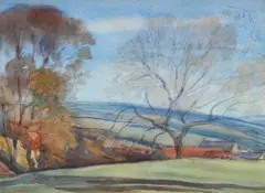 'Landscape Hinderwell' by Mark Senior, title inscribed on label verso, pencil and watercolour,, sold Mar 2009