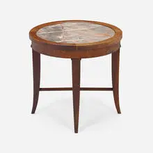 Occasional table by attribution Jules Leleu, c. 1940, oak, marble, sold Oct 2022